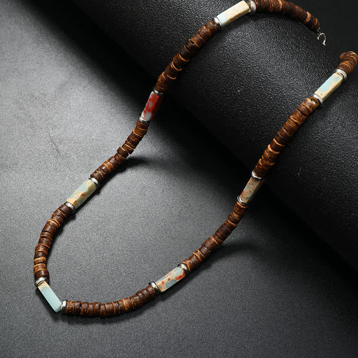 Collier de perles en pierre naturelle et bois de coco marron Olivenorma
