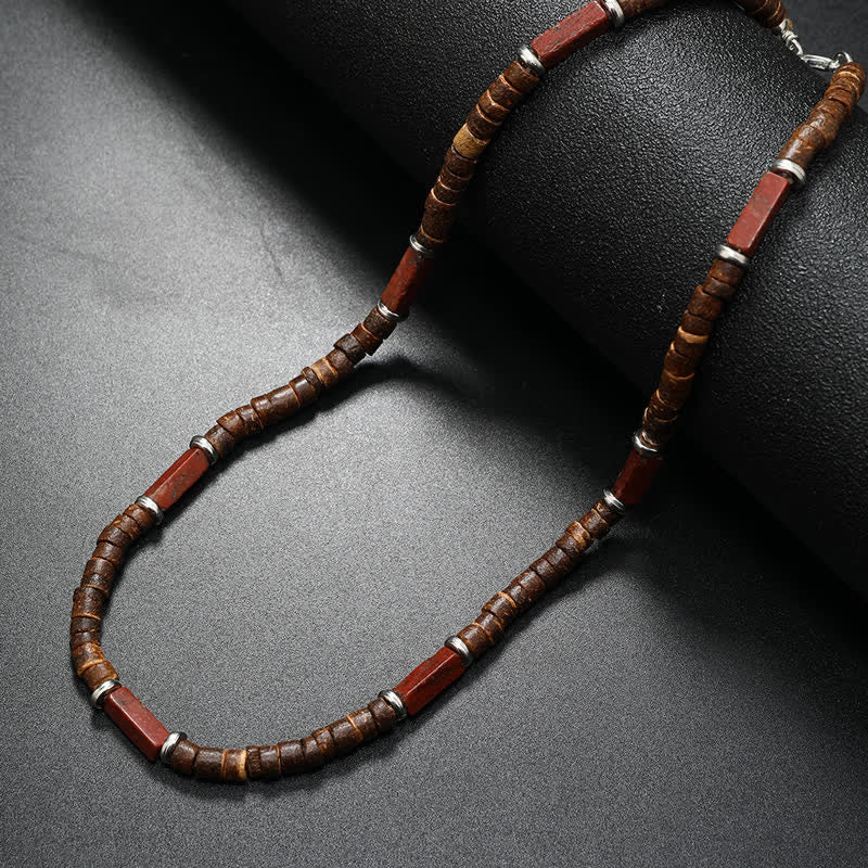 Collier de perles en pierre naturelle et bois de coco marron Olivenorma