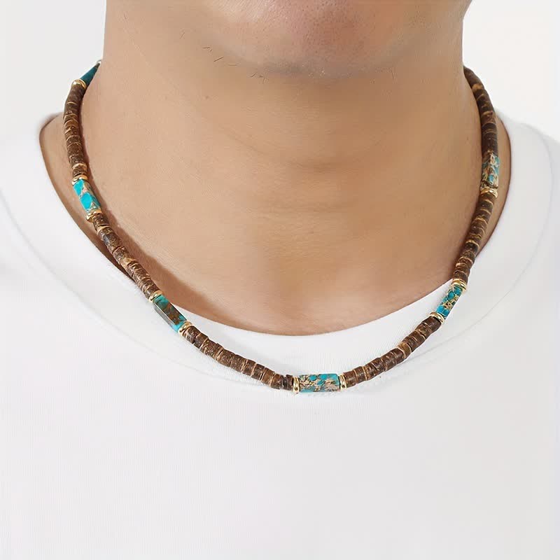 Collier de perles en pierre naturelle et bois de coco marron Olivenorma