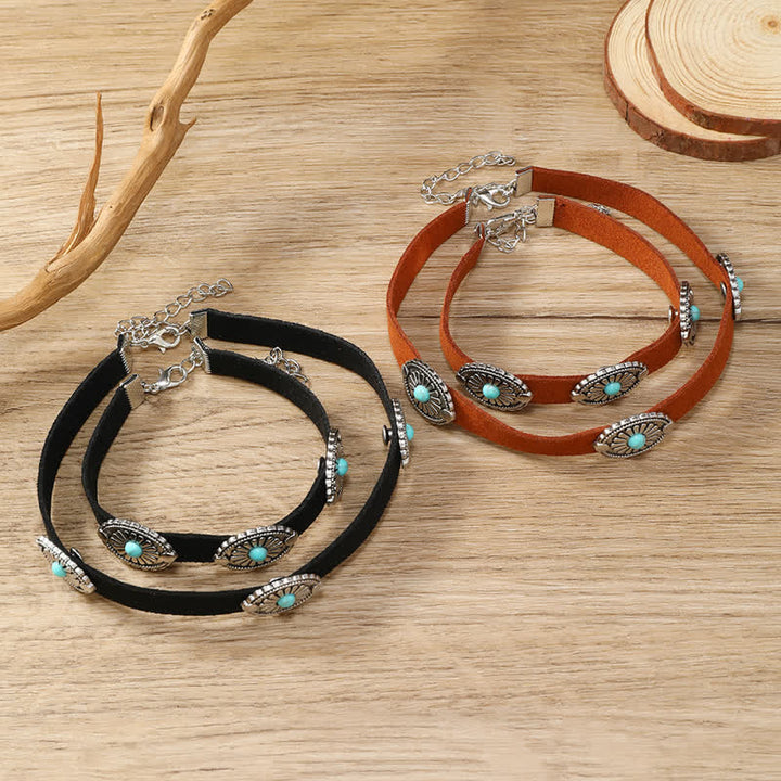 Collier et bracelet en cuir PU style punk avec incrustations de turquoise Olivenorma