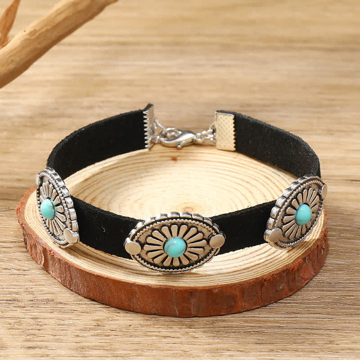 Collier et bracelet en cuir PU style punk avec incrustations de turquoise Olivenorma