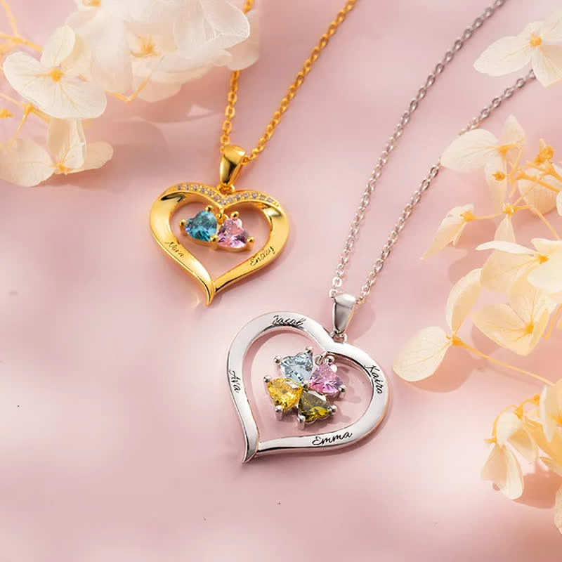 Collier avec pierre de naissance personnalisée en forme de cœur Olivenorma avec 1 à 6 noms gravés