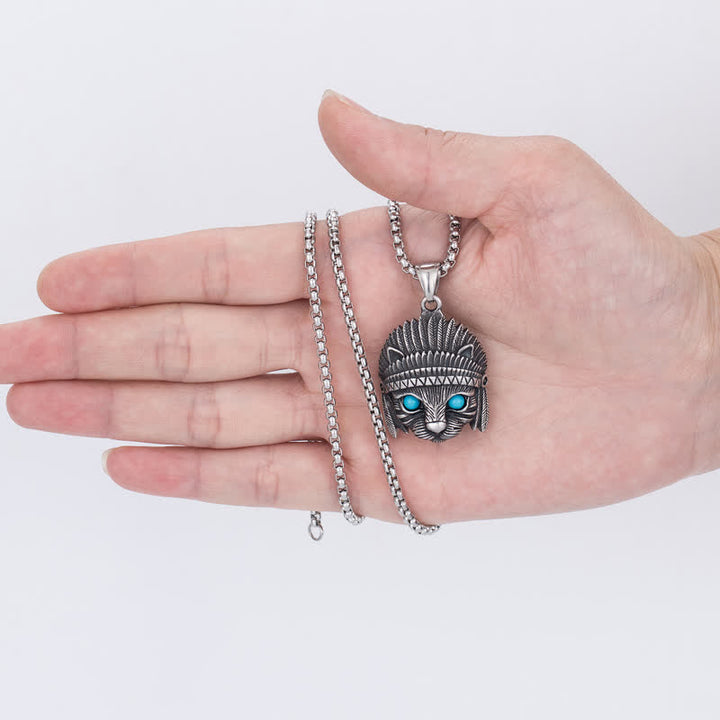 Collier punk rock en acier inoxydable avec œil bleu turquoise et chef de chat Olivenorma