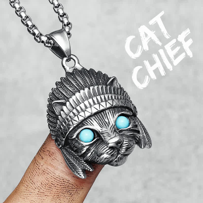 Collier punk rock en acier inoxydable avec œil bleu turquoise et chef de chat Olivenorma