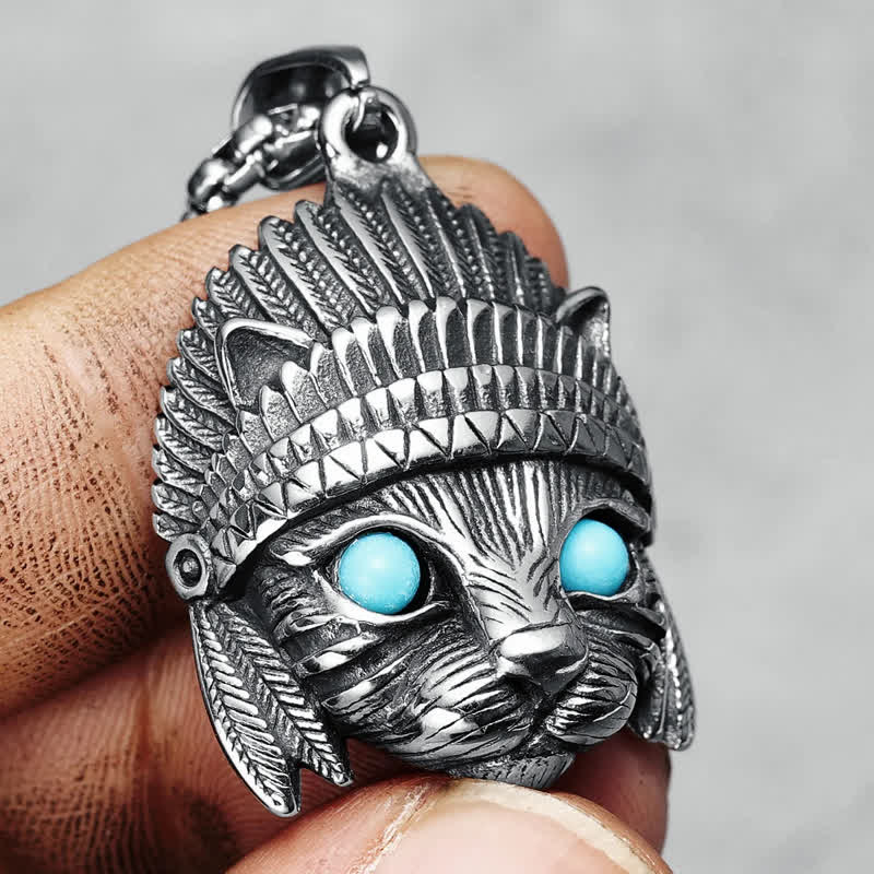 Collier punk rock en acier inoxydable avec œil bleu turquoise et chef de chat Olivenorma