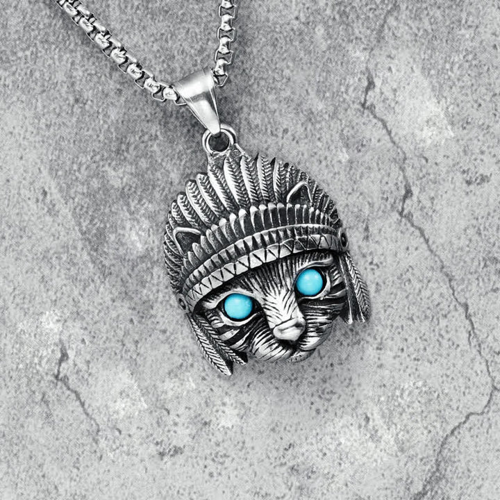 Collier punk rock en acier inoxydable avec œil bleu turquoise et chef de chat Olivenorma