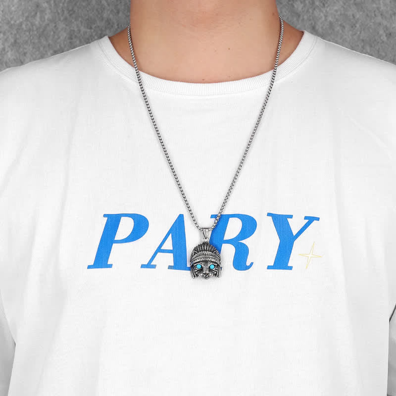 Collier punk rock en acier inoxydable avec œil bleu turquoise et chef de chat Olivenorma