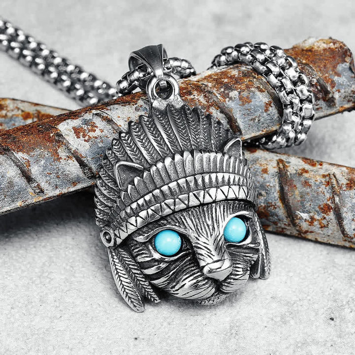 Collier punk rock en acier inoxydable avec œil bleu turquoise et chef de chat Olivenorma