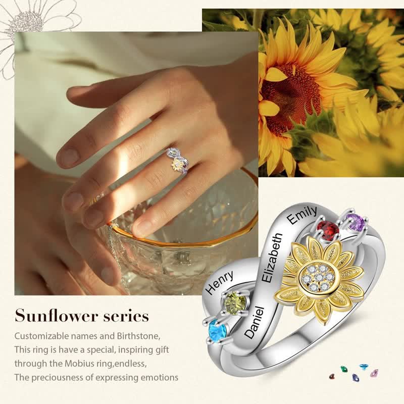 Bague de fleur de tournesol avec pierre de naissance gravée sur mesure Olivenorma