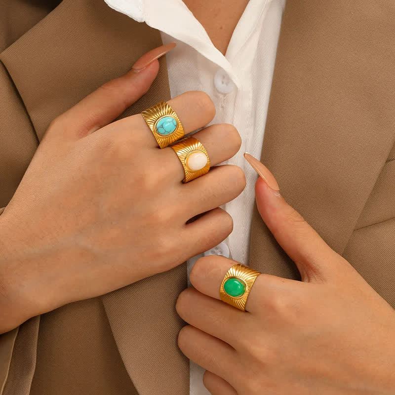 Bague large ajustable en pierre naturelle ovale incrustée Olivenorma