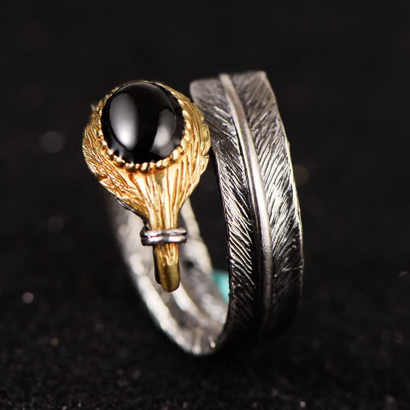 Bague ouverte en argent S925 en forme de plume incurvée Olivenorma