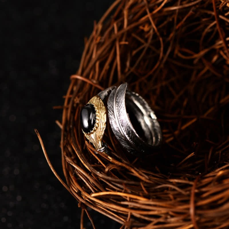 Bague ouverte en argent S925 en forme de plume incurvée Olivenorma