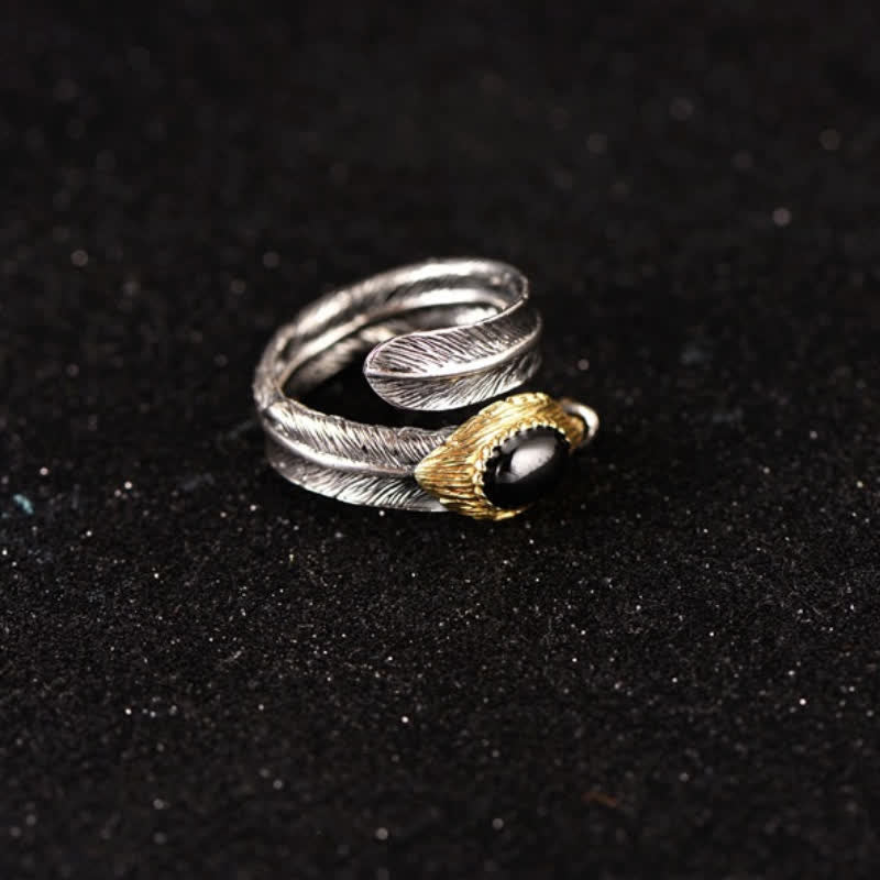 Bague ouverte en argent S925 en forme de plume incurvée Olivenorma