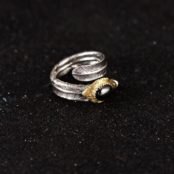 Bague ouverte en argent S925 en forme de plume incurvée Olivenorma