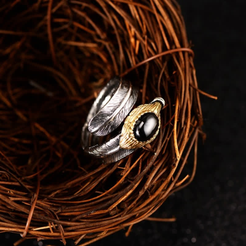 Bague ouverte en argent S925 en forme de plume incurvée Olivenorma