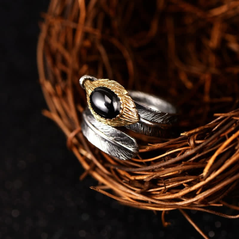 Bague ouverte en argent S925 en forme de plume incurvée Olivenorma