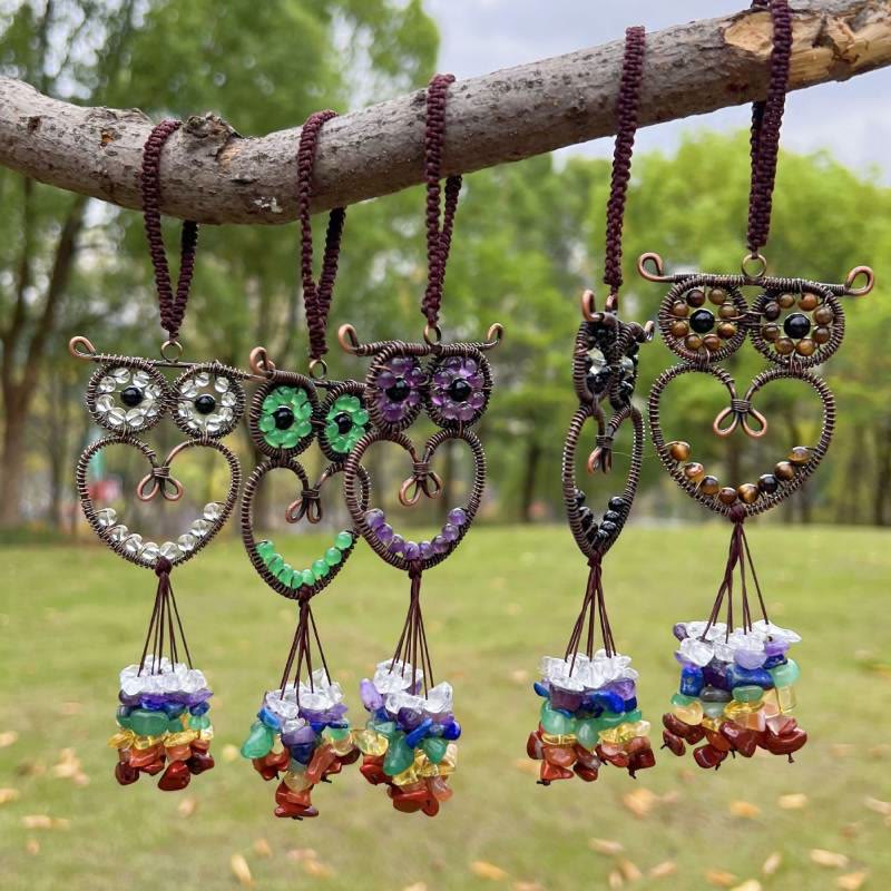 Ornement de voiture suspendu en pierre précieuse naturelle en forme de hibou mignon Olivenorma