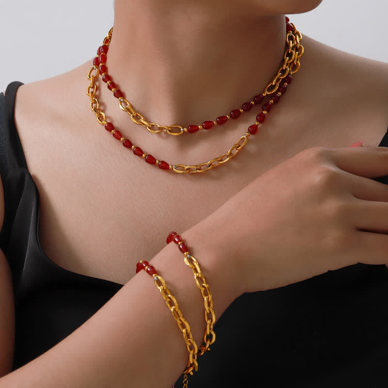 Ensemble de bijoux en acier titane avec collier en agate rouge naturelle Olivenorma