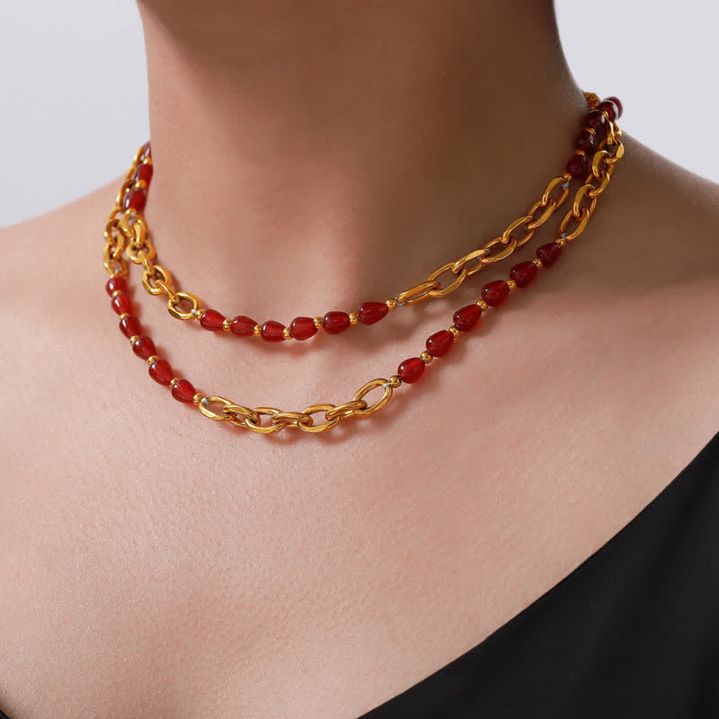Ensemble de bijoux en acier titane avec collier en agate rouge naturelle Olivenorma