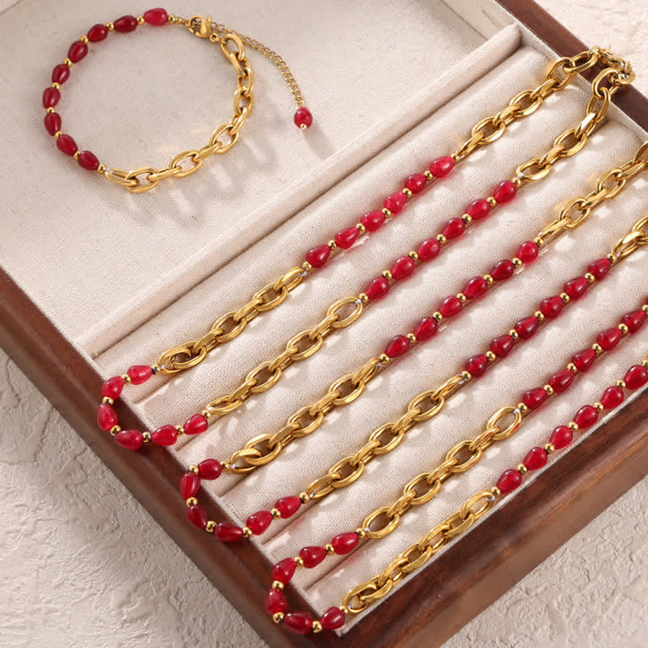 Ensemble de bijoux en acier titane avec collier en agate rouge naturelle Olivenorma