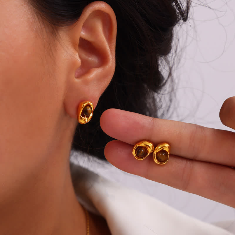 Ensemble de bijoux en acier titane irrégulier avec œil de tigre naturel Olivenorma