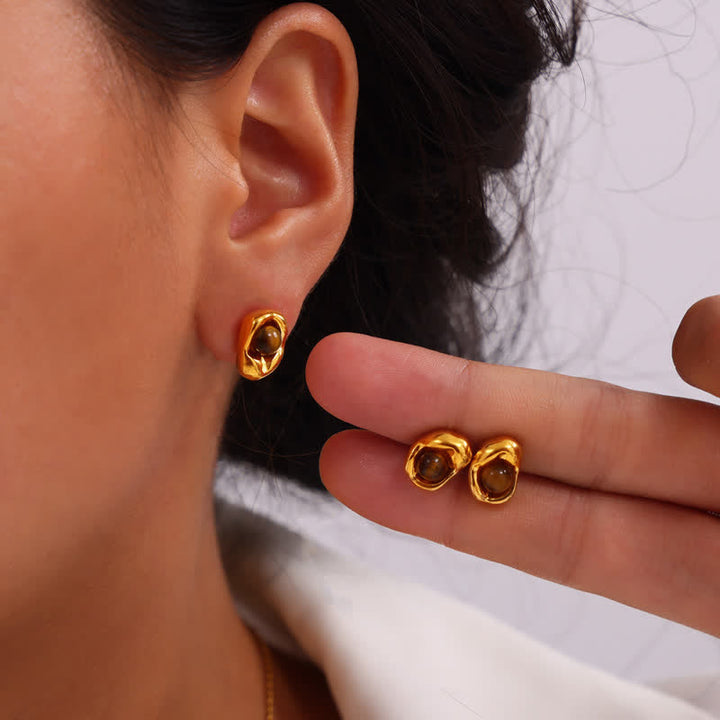 Ensemble de bijoux en acier titane irrégulier avec œil de tigre naturel Olivenorma