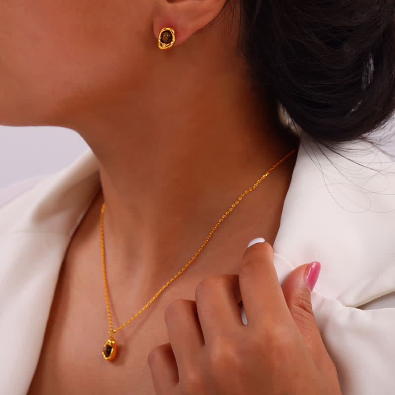 Ensemble de bijoux en acier titane irrégulier avec œil de tigre naturel Olivenorma