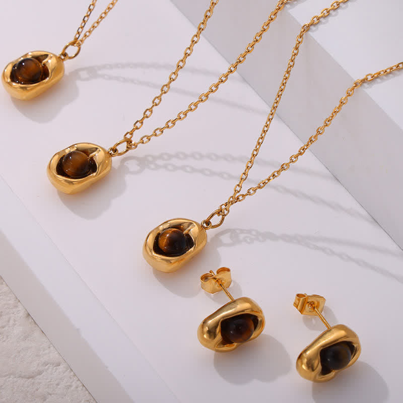 Ensemble de bijoux en acier titane irrégulier avec œil de tigre naturel Olivenorma