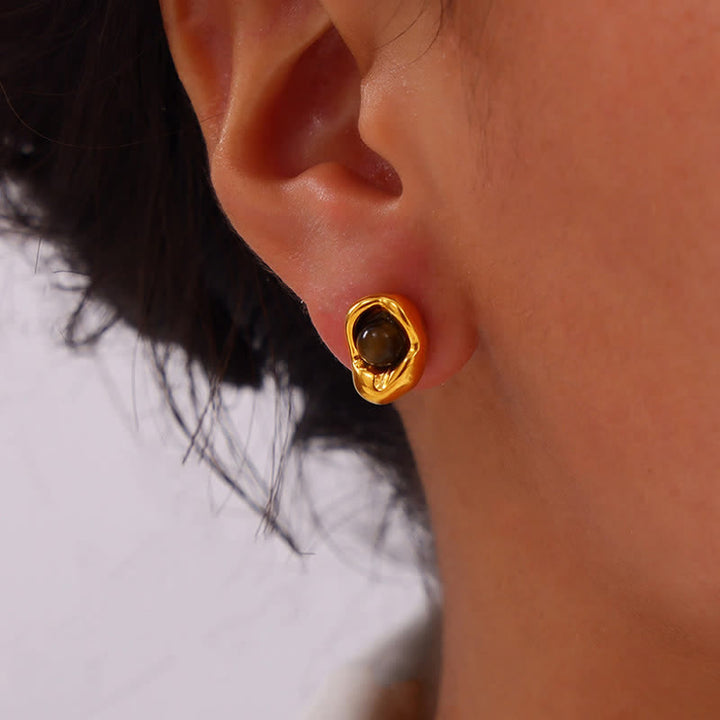 Ensemble de bijoux en acier titane irrégulier avec œil de tigre naturel Olivenorma