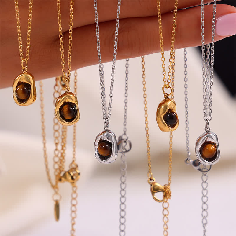 Ensemble de bijoux en acier titane irrégulier avec œil de tigre naturel Olivenorma