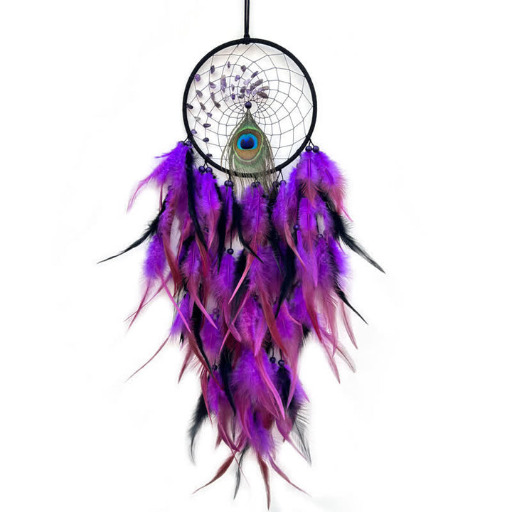 Attrape-rêves en plumes de paon tressées avec perles en pierre naturelle Olivenorma