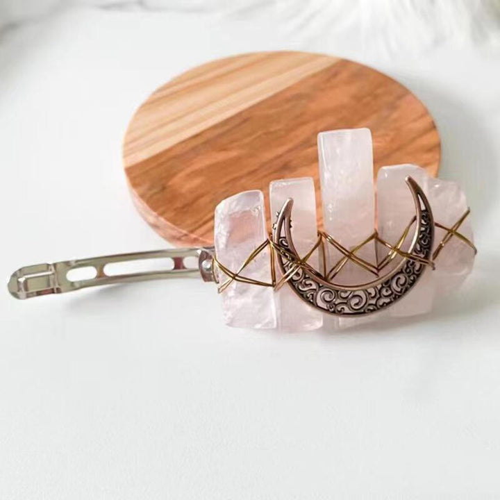 Pince à cheveux en forme de croissant de lune en quartz rose faite à la main Olivenorma