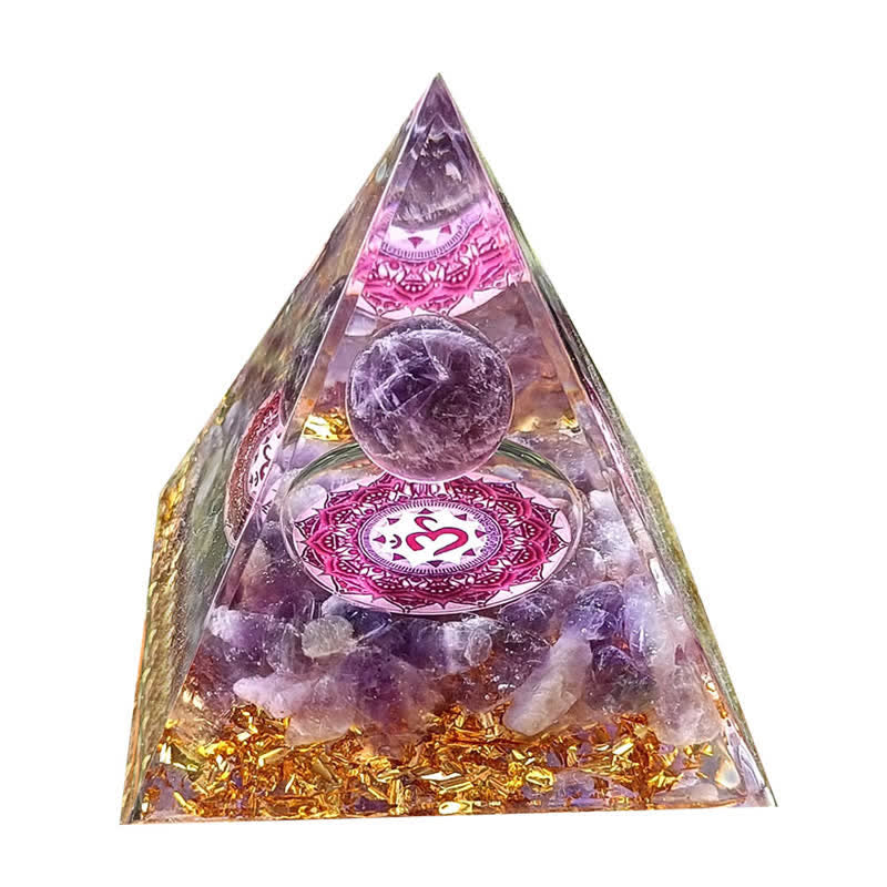 Boule d'améthyste énergétique Olivenorma Symbole Om Pyramide d'orgone