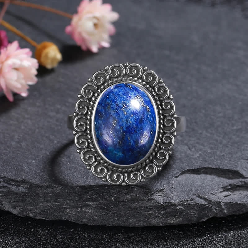 Bague ovale en pierre naturelle sculptée de tournesol Olivenorma