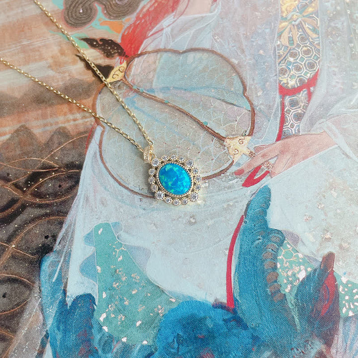 Collier pendentif ovale gravé en opale bleue Olivenorma