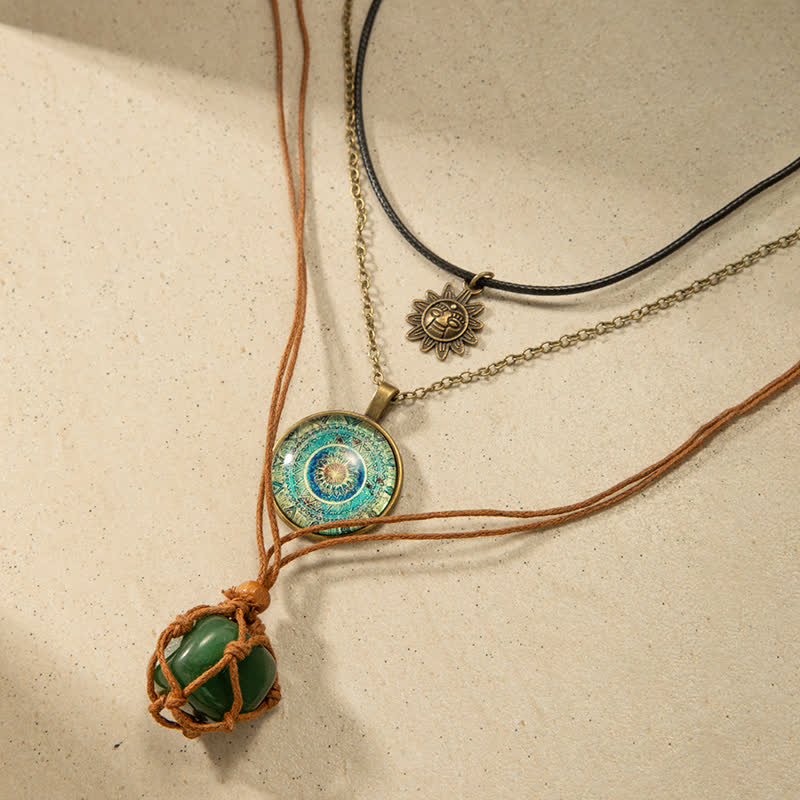 Ensemble de colliers à trois rangs avec pendentif soleil en aventurine verte Olivenorma