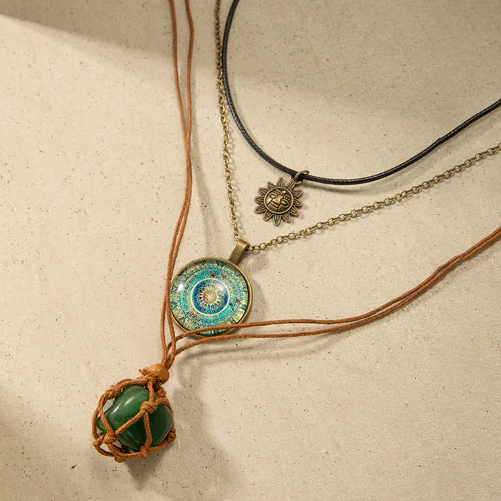 Ensemble de colliers à trois rangs avec pendentif soleil en aventurine verte Olivenorma