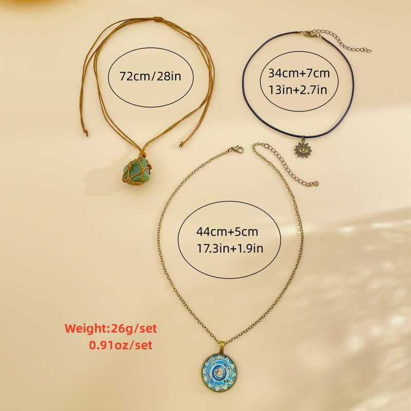 Ensemble de colliers à trois rangs avec pendentif soleil en aventurine verte Olivenorma