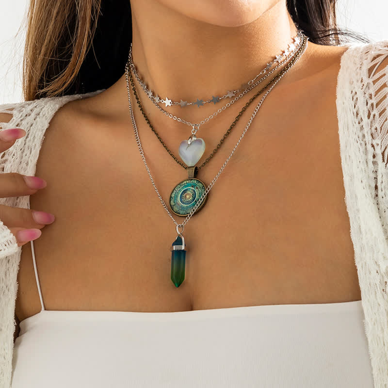 Ensemble de colliers à trois rangs avec pendentif en forme de cœur en opalite Olivenorma