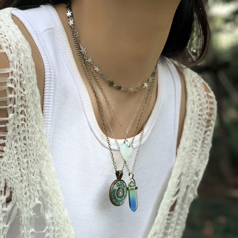 Ensemble de colliers à trois rangs avec pendentif en forme de cœur en opalite Olivenorma