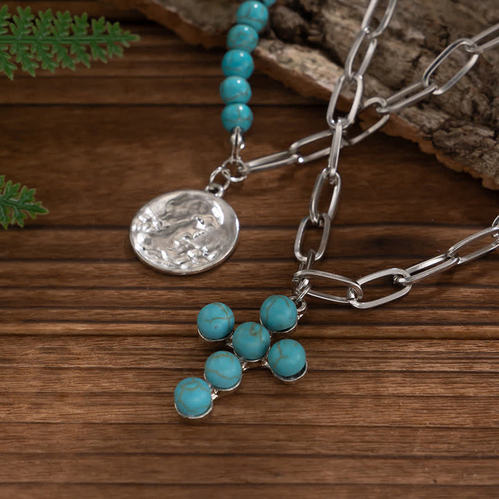 Ensemble de colliers avec pendentif en forme de croix exagérée en turquoise naturelle Olivenorma