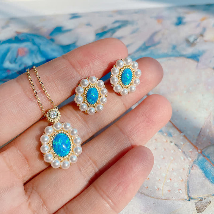 Ensemble de bijoux avec pendentif tournesol et perle d'eau douce en opale bleue Olivenorma