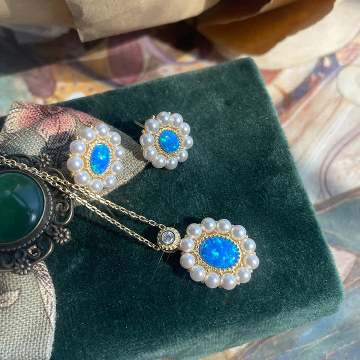 Ensemble de bijoux avec pendentif tournesol et perle d'eau douce en opale bleue Olivenorma