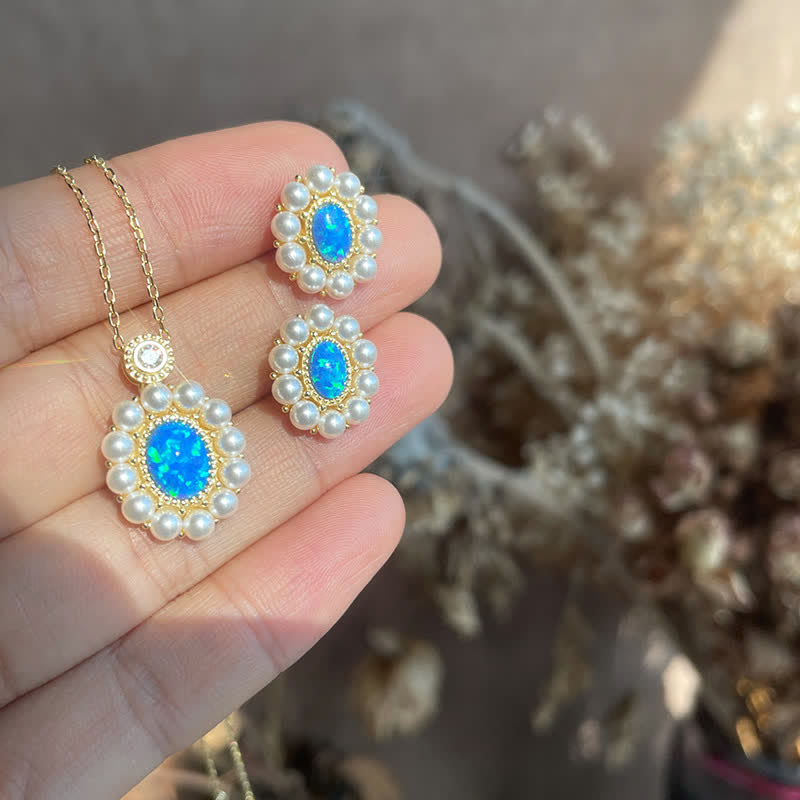 Ensemble de bijoux avec pendentif tournesol et perle d'eau douce en opale bleue Olivenorma