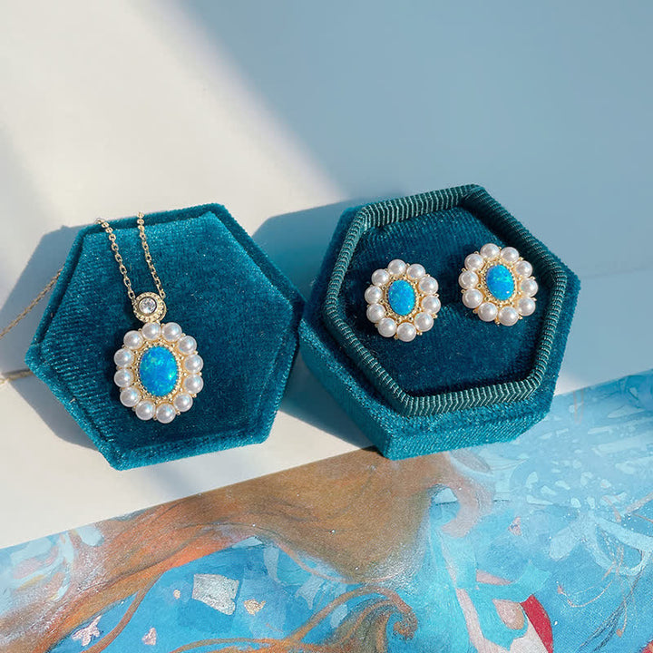 Ensemble de bijoux avec pendentif tournesol et perle d'eau douce en opale bleue Olivenorma
