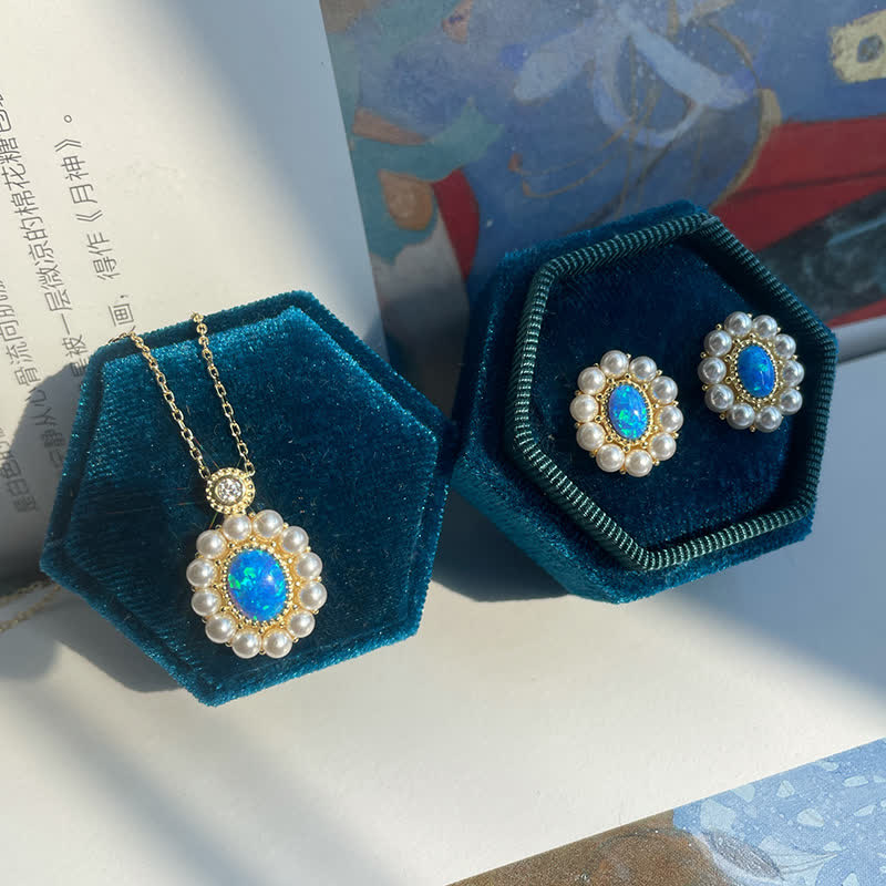 Ensemble de bijoux avec pendentif tournesol et perle d'eau douce en opale bleue Olivenorma