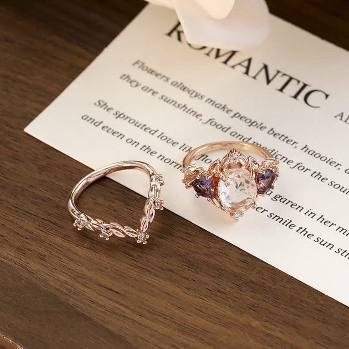 Ensemble de 2 bagues Olivenorma « Ethereal Blossom » en forme de vigne de rose améthyste