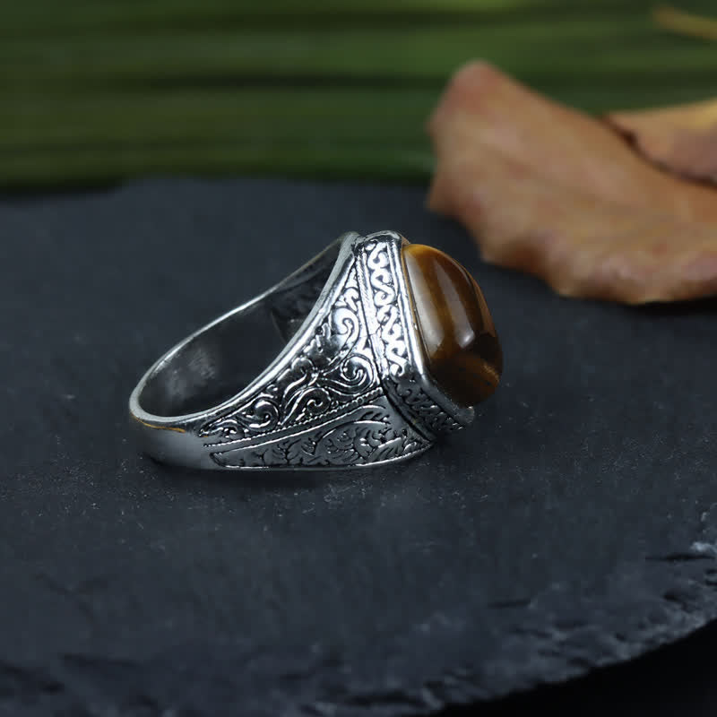 Bague homme en argent avec œil de tigre carré naturel Olivenorma