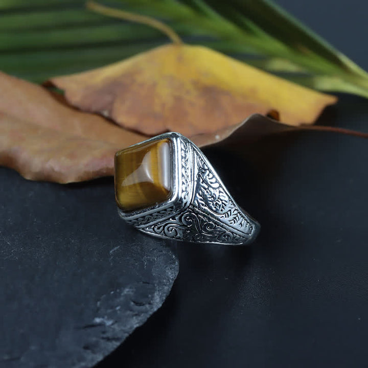 Bague homme en argent avec œil de tigre carré naturel Olivenorma