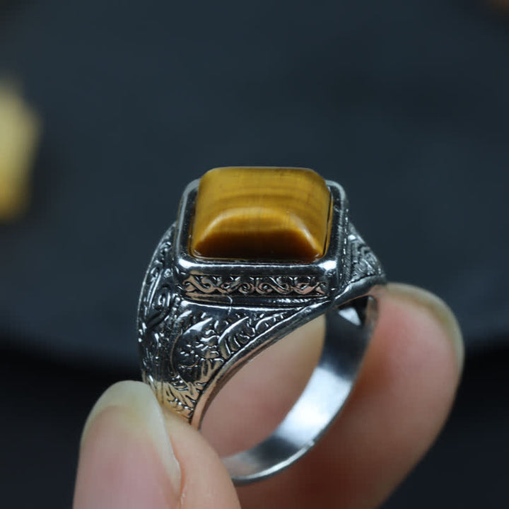 Bague homme en argent avec œil de tigre carré naturel Olivenorma